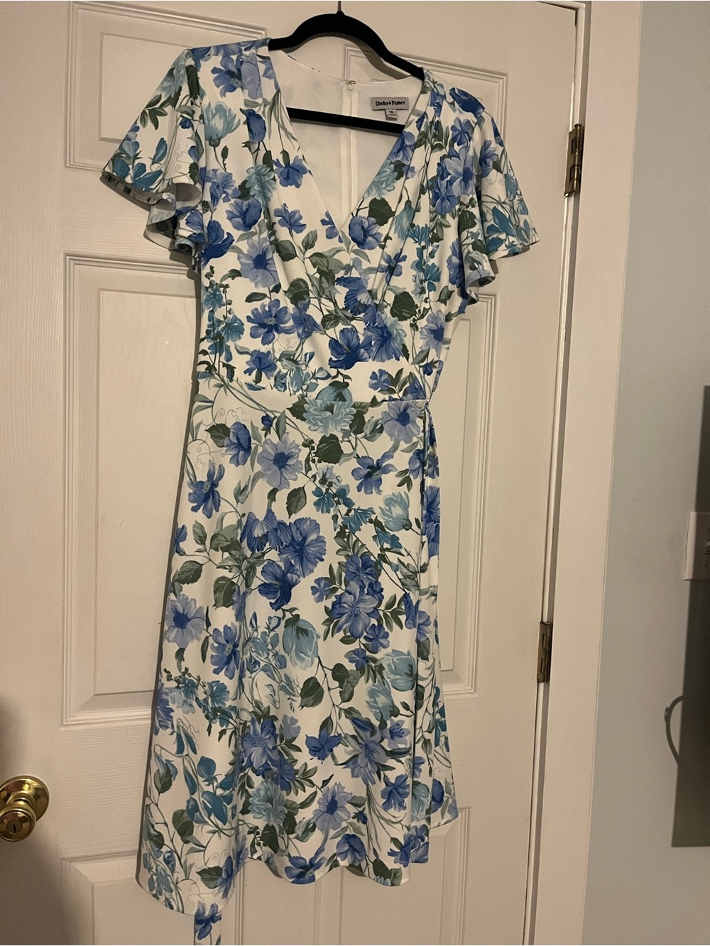 Floral Faux Wrap Midi Dress in Blue and White
